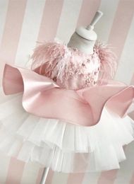 Pink Flower Girl Dresses sleeveless satin Knee length Applique Ruffles Girls Pageant Gowns Children Birthday Party Dresses