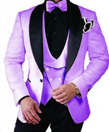 Fashion Lavender Embossing Groom Tuxedos Shawl Lapel Groomsman Wedding 3 Piece Suit Men Business Prom Jacket Blazer(Jacket+Pants+Tie+Vest)9