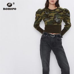ROHOPO Round Collar Puff Long Sleeve Sweater Camo Dobby Sequined Patchaork Cuff and Hem Crop Tops Pullover Knitted Wear #9285