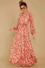 US Women Boho V Neck Long Sleeve Floral Dress 2020 Summer New Ladies Lace Up Holiday Party Evening Long Maxi Dress Elegant