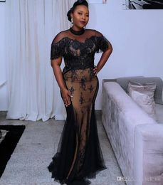 New African Mermaid Evening Dresses High Neck Sheer Lace Appliques Tassels Plus Size Prom Dresses Black Girls Formal Dress Party Gowns