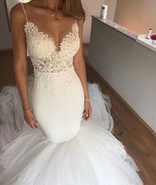 Sexy Spaghetti Lace Applique Top V Neck Mermaid Wedding Dresses Ruffle Tiered Bottom Zipper Back Bridal Gowns Wedding Dress