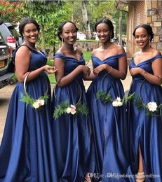 Elegant African Royal Blue Plus Size A Line Bridesmaid Dresses Off Shoulder High Side Split Floor Length Wedding Guest Evening Prom Gowns