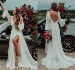 Bohemain Plunging V Neck Wedding Dress Long Sleeve Split A Line Chiffon Bridal Gown Plus Size Custom Made