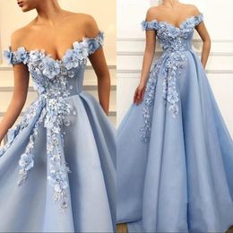 2020 Elegant Blue Prom Dresses Lace 3D Floral Appliqued Pearls Evening Dress A Line Off The Shoulder Custom Made Special Occasion Gowns