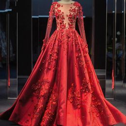 Red Evening Dresses 2020 A Line Illusion Sheer Jewel Neck Long Sleeve Appliques 3D Floral Flower Satin Prom Quinceanera Gowns