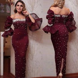 crimson mermaid evening dresses sweetheart long sleeves lace appliqued beaded prom gown sexy backless custom made party gown