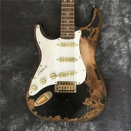 New high-quality relic left-hand ST electric guitar, black SRV hand-made vintage relic electric guitar, Vintage Sunburst