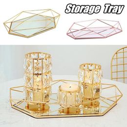 Vintage Colorful Glass Metal Storage Tray Gold Oval Dotted Fruit Plate Desktop Small Items Jewelry Display Tray Mirror