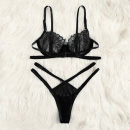 amazon hot selling sexy lingerie sexy black cutout womens threepoint bikini set