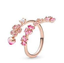 Diamond peach blossom flower Ring Set Original Box for Pan 925 Sterling Silver plated 18k rose gold Women Girls Wedding open Rings W195