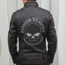 Red brown edging skull head Motorcycle genuine leather jackets Reflective night street fashion outside stand collar men racing jacket