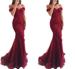 2019 New Borgonha Vermelho Royal Azul Barato Sereia Vestidos de Prom Vestidos Long Off Should Leged Lace Applique Party Party Wear Formal Dress