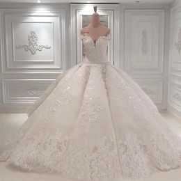 New Vestido De Noiva Ball Gown Wedding Dresses Off The Shoulder Cathedral Train Lace Appliques Bridal Wed Gown For Church Custom Made
