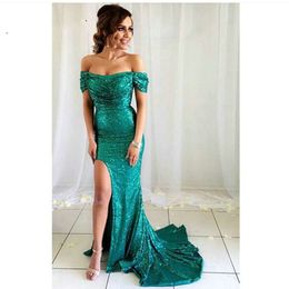 Sparkly Mermaid Prom Dresses Long Off The Shoulder Sequins Evening Gowns With Front Slit Women Formal Party Dress