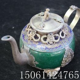 china Oriental Vintage Handwork Cloisonne Painting Flower green jade Teapot