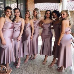 Dusty Sale 2020 Pink Short Bridesmaid Dresses Elastic Satin Side Slit Ankle Length Custom Made Spaghetti Straps Maid Of Honour Gowns