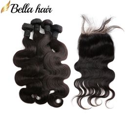 Premium Brazilian Virgin Human Hair Bundle Set with Closures - 4pcs no weft human hair, 1pc Lace Closure, 4x4 Body Wave Extensions, and 5ppc Bellahair Hair Extensions