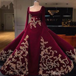 2020 Burgundy Velvet Evening Dresses Vintage Long Sleeve Square Neckline Arabic Dubai Formal Party Gowns Gold Embroidery Prom Quinceanera