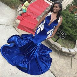 Sexy African Balck Girls Royal Blue Velvet Mermaid Prom Dresses Deep V Neck Lace Applique Long Plus Size Formal Evening Party Gowns