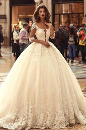 Romantic Lace Ball Gown Wedding Dresses 2019 Sheer Long Sleeves Lace Appliques A Line Tulle Wedding Bridal Gowns