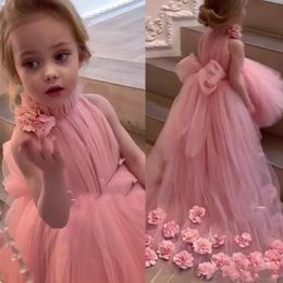 2024 New Lovely Pink Flower Girls Dresses For Weddings High Neck Tulle 3D Flowers Sleeveless Bow Princess Kids Birthday Girl Pageant Gowns 403