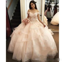 Pink Quinceanera Dresses Beaded Crystal Pearls Sequins Off the Shoulder Organza Tiered Sweet 15 16 Birthday Party Ball Gowns