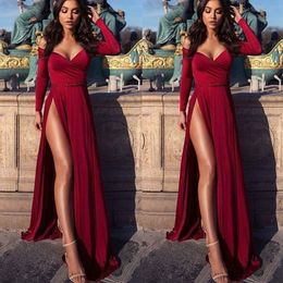 Sexy High Split Formal Evening Gowns Long Sleeve Off Shoulder Beaded Sashes Special Occasion Dress Girls Party Prom Dresses Cheap 2019