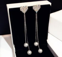 Fashion Designer Pearl Long Dangle Pendant Exquisite Super Glittering Diamonds Cute Heart Stud Earrings for Woman Girls