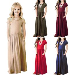 8 Colors Kids Princess Bohemian Summer Girls Maxi Dresses Short Sleeves Solid Dresses For Girls Party Dress Kids Beachwear Clothes M2018