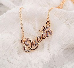Gold-Color Queen Crown Chain Necklace Zircon Crystal Necklace Women Fashion Jewelry Birthday Present 3 color for choice SHU58