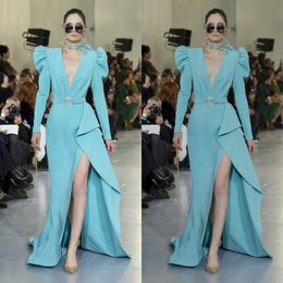 Light Sky Blue Evening Dresses High-split V-neck Long Sleeves Sash Hot Sell Prom Dress Cheap Ruched Sweep Train Custom Made Party Gown