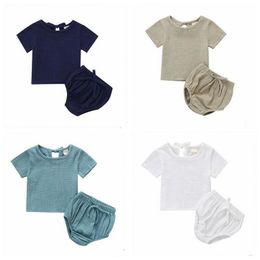 Boys Short Sleeve Shorts 2Pcs Sets Girls Cotton Linen Short Sleeve Briefs Outfits Kids Candy Color Casual Suits Boutique Clothing ZYQA474