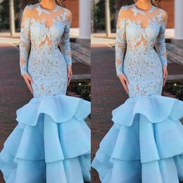 Sexy Mermaid Prom Dresses Sheer Tulle Jewel Neck Lace Long Sleeves Party Gowns Tiered Floor Length Dress For Young Girl