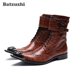 NEW 2019 Western Cowboy Men Boots Ankle Black/Brown Genuine Leather Boots Men Pointed Iron Toe Military Motorcycle Botas Hombre