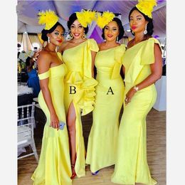 Mixed Styles Bridesmaid Dresses One Shoulder Ribbon Front Split Peplum Maid Of The Honour Dress African Yellow Wedding Party Wear