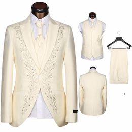 Handsome Embroidery Men Suits Three Pieces (Blazer+Pant+Vest) One Button Wedding Tuxedos Evening Party Suits For Sale