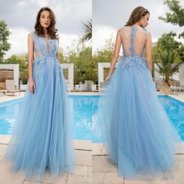 Light Sky Blue Prom Dresses Tulle V Neck Lace Appliques Formal Evening Dresses Floor Length Sexy Backless Sheer Cocktail Party Gowns