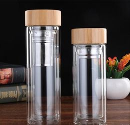 Bamboo Cover Water Bottles With Tea Infuser Philtre Vacuum Cups Layer Anti Scald Glass Bottle For Outdoorl Carry Two Size