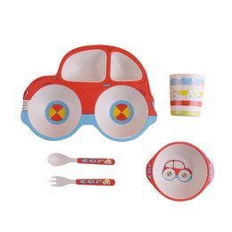 Cartoon Car Plate Cup Spoon Fork Kit Unbreakable Children Tableware Bamboo Fiber Plate Bowl Eco Friendly BPA Free DEC492