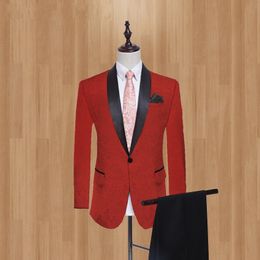 Men Suits Black/Red/White Pattern Coat with Black Pants Groom Tuxedos Shawl/Peak Satin Lapel Groomsmen Wedding Best Man 2 Pieces L538