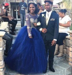 Royal Blue and Gold Lace Wedding Dresses Ball Gown Long Sleeve Sparkly Diamonds Shiny Africa Bridal Gowns Custom Plus Size