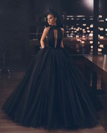 Attractive Black Ball Gown Side Split Evening Dresses Deep V Neck Backless Prom Gown Tulle Sweep Train Evening Dress