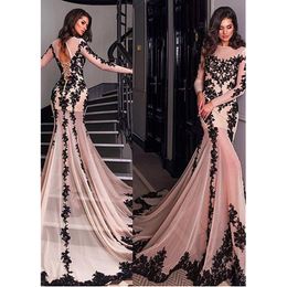 2020 Long Sleeves Mermaid prom Dresses Lace Appliques Black Lace Formal Dress For Women Custom Made Long Party Gowns robe de soiree
