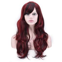 Burgundy Wigs for Women Long Wavy Synthetic Wig Red Ombre Black Roots to #99j Deep Parting 130% Density Heat Resistant Fiber