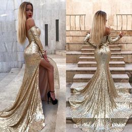 Sexy Gold Sequins Split Mermaid Long Prom Dresses Off The Shoulder Long Sleeves Split Sweep Train Formal Party Evening Gowns Custom