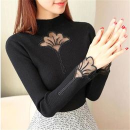 Korea Autumn Winter Solid chic Pullovers Sweaters Women Black Embroidery Lace Hollow Knitted Slim Sweater Female Tops