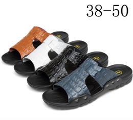 2019 Genuine Leather Men Flip Flops Slippers Crocodile Design Brand Sandals Summer Seaside Beach Flats shoes Large size US 7- 15