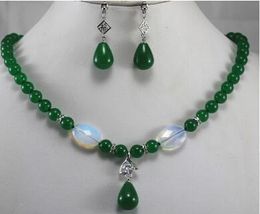 Free Shipping new design! Wholesale 8mm green jades necklace+l dangle Stone/crystal earring & pendant necklace Jewellery set18''
