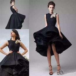 Knee Length Hi-Lo Short Black Cocktail Dresses Cap Sleeve Custom Made Hand Made Flowers Evening Gowns Arabic Prom Party Dress